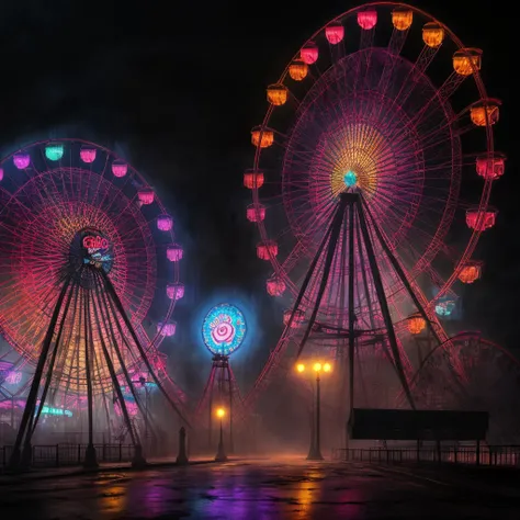 abandoned amusement park, big ferris wheel, (heavy fog), dim street lights, sharp colors, photorealistic, extremely detailed 8k wallpaper, <lora:noiseoffset:1>