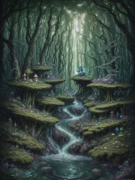 (realistic), 2d art, surrounded by swirling energy, (masterpiece:1.2), masterpiece, happy, home, realistic, stamina, witches, (flowing water), Full color, middle ground, (Extremely detailed background:1.2), dramatic, defensive stance, detailed skin, perspective, 1girl, natural lighting, <lora:epiNoiseoffset_v2Pynoise:1>, (concept art), gritty, photography master Yousuf Karsh style, green color scheme, (fairy forest in the background), sky, scissor cut, horizon, road, camping