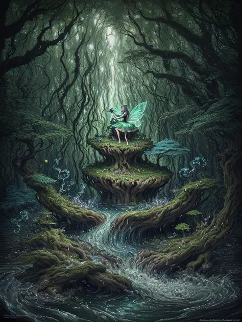 (realistic), 2d art, surrounded by swirling energy, (masterpiece:1.2), masterpiece, happy, home, realistic, stamina, witches, (flowing water), Full color, middle ground, (Extremely detailed background:1.2), dramatic, defensive stance, detailed skin, perspective, 1girl, natural lighting, <lora:epiNoiseoffset_v2Pynoise:1>, (concept art), gritty, photography master Yousuf Karsh style, green color scheme, (fairy forest in the background), sky, scissor cut, horizon, road, camping