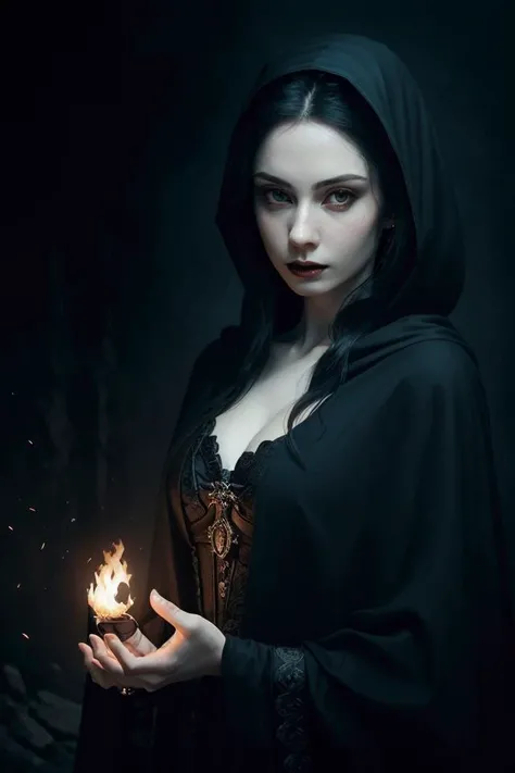 (8k, best quality, masterpiece:1.2), (realistic, photo-realistic:1.37), ultra-detailed, cinematic, fantasy world, above chest shot, beautiful woman holding a fireball on her palm, long black straight hair, dark makeup, dressed in a black cloak, (pale skin:1.2), Greg Rutkowski concept art, dark studio, rim lighting, dimly lit, low key, <lora:epi_noiseoffset2:1>