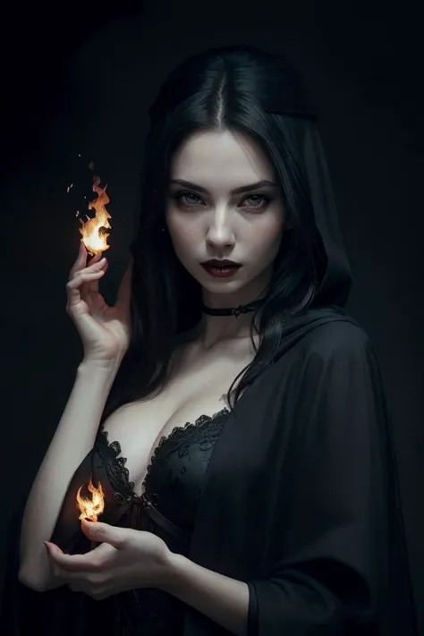 (8k, best quality, masterpiece:1.2), (realistic, photo-realistic:1.37), ultra-detailed, cinematic, fantasy world, above chest shot, beautiful woman holding a fireball on her palm, long black straight hair, dark makeup, dressed in a black cloak, (pale skin:1.2), Greg Rutkowski concept art, dark studio, rim lighting, dimly lit, low key, <lora:epi_noiseoffset2:1>