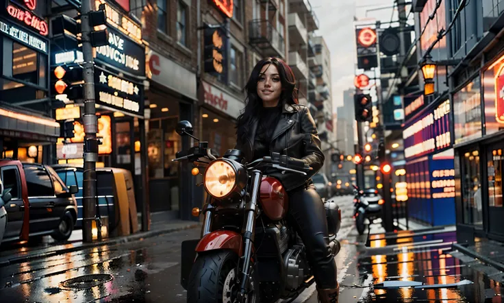 <'Hermione'*0.3 + 'ivy'*1 +  'Laura'*0.3>, <lora:hlfcol:0.4>,tan skin,(hlfcol haired girl with Red and black hair,  ),  <lora:gothgirl:0.5>,> <lora:epi_noiseoffset2:0.7> <lora:FilmVelvia2:0.55>, [cyberpunk cityscape],motorcycle in background, leather jacket, accident in backgound,full body,1girl,