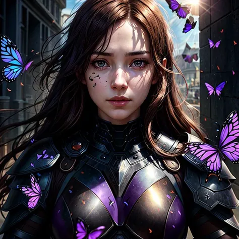 digital art, equality, <lora:epi_noiseoffset2:1>, (sunlight on face), filmgrain, wearing heavy black iron armor, wide opened eyes, hdr, (flying translucent purple butterflies:1.15), a photo that tells a (conceptual:1.4) story, ash brown hair, <lora:add_detail:0.6>
