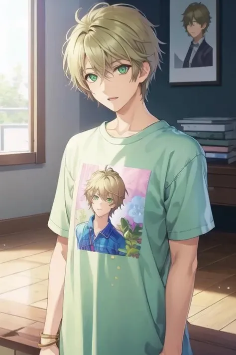 masterpiece, best quality, game cg, 1boy, solo, male focus, looking at viewer, , depth of field, <lora:haru_kaidou:0.68>, haru_kaidou, green eyes, blonde hair, t-shirt dress, , , gouache (medium)