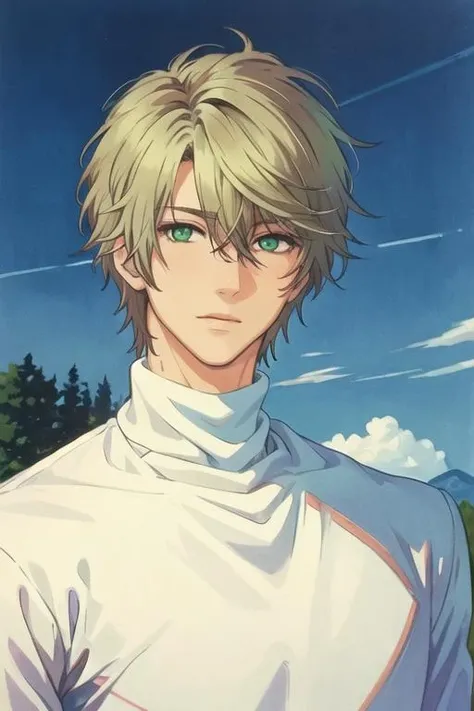 masterpiece, best quality, photorealistic, 1boy, solo, male focus, looking at viewer, upper body, , <lora:haru_kaidou:0.72>, haru_kaidou, green eyes, blonde hair, turtleneck, , , traditional media