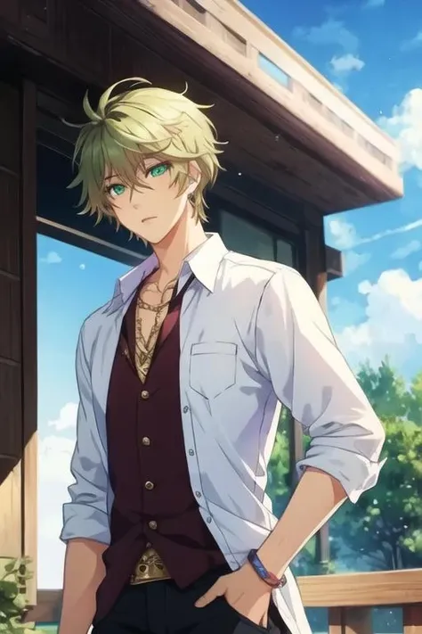 masterpiece, best quality, illustration, 1boy, solo, male focus, looking at viewer, , , <lora:haru_kaidou:0.68>, haru_kaidou, green eyes, blonde hair, , turban, ,