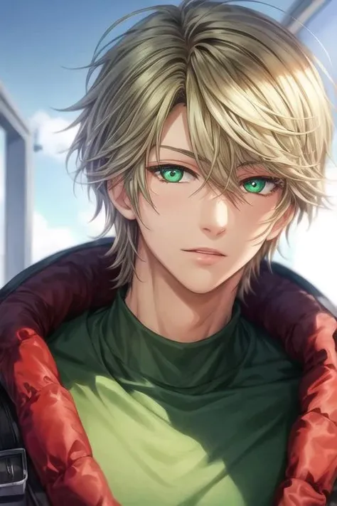 masterpiece, best quality, , 1boy, solo, male focus, looking at viewer, upper body, , <lora:haru_kaidou:0.64>, haru_kaidou, green eyes, blonde hair, windcheater, , ,