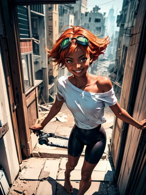 (masterpiece, best quality, highres:1.2),(photorealistic:1.2),(intricate and beautiful:1.2),(detailed light:1.2),(soft lighting, side lighting, reflected light),(colorful, dynamic angle),full body shot,<lora:EDWARD:0.8>,edward,dark-skinned female,orange hair,brown eyes,(blush stickers:0.8),white shirt,off shoulder,goggles on head,bike shorts,barefoot,smile,light passing through hair,ruined city,outdoor,(sharp),<lora:add_detail:1>,