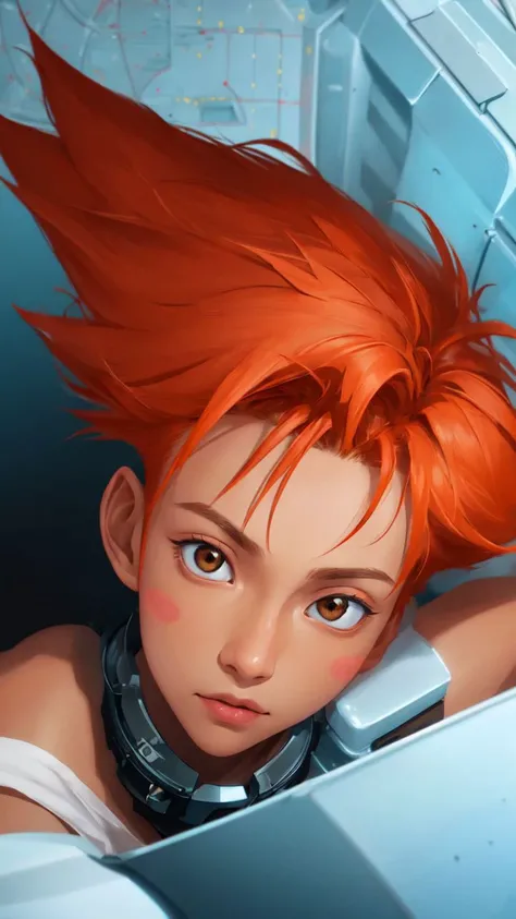 Edward,tan skin,tomboy,midriff,orange hair,(white loose shirt),off shoulder,spiked hair,barefoot,bike shorts,brown eyes,goggles on head,blush stickers,(grin:0.8),space station,engine room,(insanely detailed, beautiful detailed face, masterpiece, best quality) volumetric lighting,best quality,masterpiece,intricate details,tonemapping,sharp focus,hyper detailed <lora:Edward-06:0.8>,dynamic angle,from above,