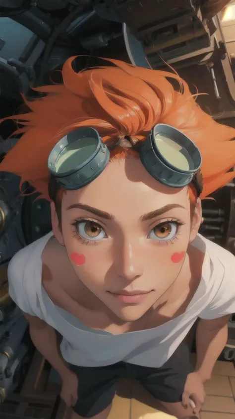 Edward,tan skin,tomboy,midriff,orange hair,(white loose shirt),off shoulder,spiked hair,barefoot,bike shorts,brown eyes,goggles on head,blush stickers,(grin:0.8),space station,engine room,(insanely detailed, beautiful detailed face, masterpiece, best quality) volumetric lighting,best quality,masterpiece,intricate details,tonemapping,sharp focus,hyper detailed <lora:Edward-06:0.8>,dynamic angle,from above,