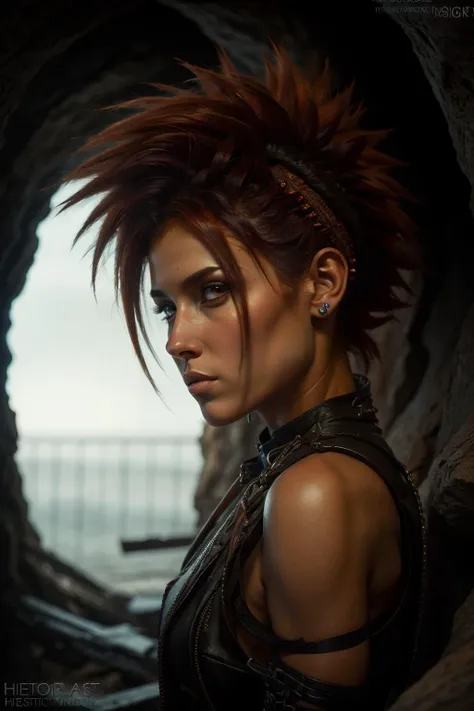 from side, Edward,orange hair, brown eyes,spiked hair,dark skin,<lora:EDWARDCBBB-10:0.8>, postapoai,<lora:postapocalypseAI:1>, dark scene, horror, dark cave, dim light, ((masterpiece)), (high quality), (best quality), (detailed), hd, perfect lighting, detailed face, detailed body