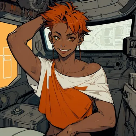 nsfw, Edward, tan skin, tomboy, midriff, orange hair, (white loose shirt), off shoulder, curvy, spiked hair, barefoot, brown eyes, goggles on head, grin, upper body, space station, engine room, (insanely detailed, beautiful detailed face, masterpiece, best quality) volumetric lighting, best quality, masterpiece, intricate details, tonemapping, sharp focus, hyper detailed <lora:Edward-06:0.8>, WEARING PANTYBRIEFS, <lora:pantybriefs 15 20:1>