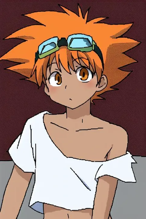 ((masterpiece)),(best quality), upper body, Edward, tomboy, tan skin, midriff, white shirt, loose shirt, off shoulder, goggles on head, orange hair, spiked hair, brown eyes, bike shorts, <lora:Edward-03:1> <lora:LuisapCUTEFlatColor_v1:0.8>