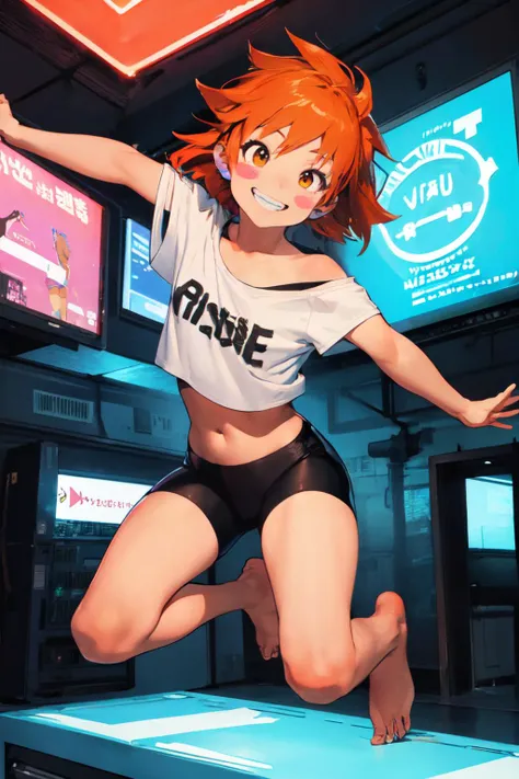 (masterpiece, best quality;1.3), ultra detailed, 1girl, solo, smile,  looking at viewer, 1girl, solo, dynamic ungle, dynamic pose, action, space ship, child,face focus, bust shot,
<lora:Edward:0.8>, edward,
tan skin, tomboy, orange hair, spiked hair, brown eyes, blush stickers,  rise arm, rise leg, jumping on desk, 
midriff, loose white shirt, off shoulder, barefoot, black bike shorts,goggles on head, big smile, fighting pose,
lots of large CRT monitors, hacker, lots of keyboards,multi monitors, sf, cyber punk, future, neon lighting,