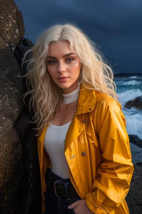 DEN_cherrie_velvet,
(portrait of a lighthouse keeper (walking on the rocks:1.2) on a dark (stormy night:1.2) wearing a yellow raincoat in the wind, (waves crashing:1.2) into the rocks, (storm:1.2), (wind swept:1.2), (gale:1.1), (tsunami:1.1), lighthouse, (night time:1.2), (wet rocks, rocks, rocky:1.2), (splashing waves:1.2), waves, (ocean spray:1.2), (lighthouse:1.1):1.2), bokeh, f1.4, 40mm, photorealistic, raw, 8k, textured skin, skin pores, intricate details <lora:epi_noiseoffset2:1>, epiCRealism <lora:ClothingAdjuster3:-1>