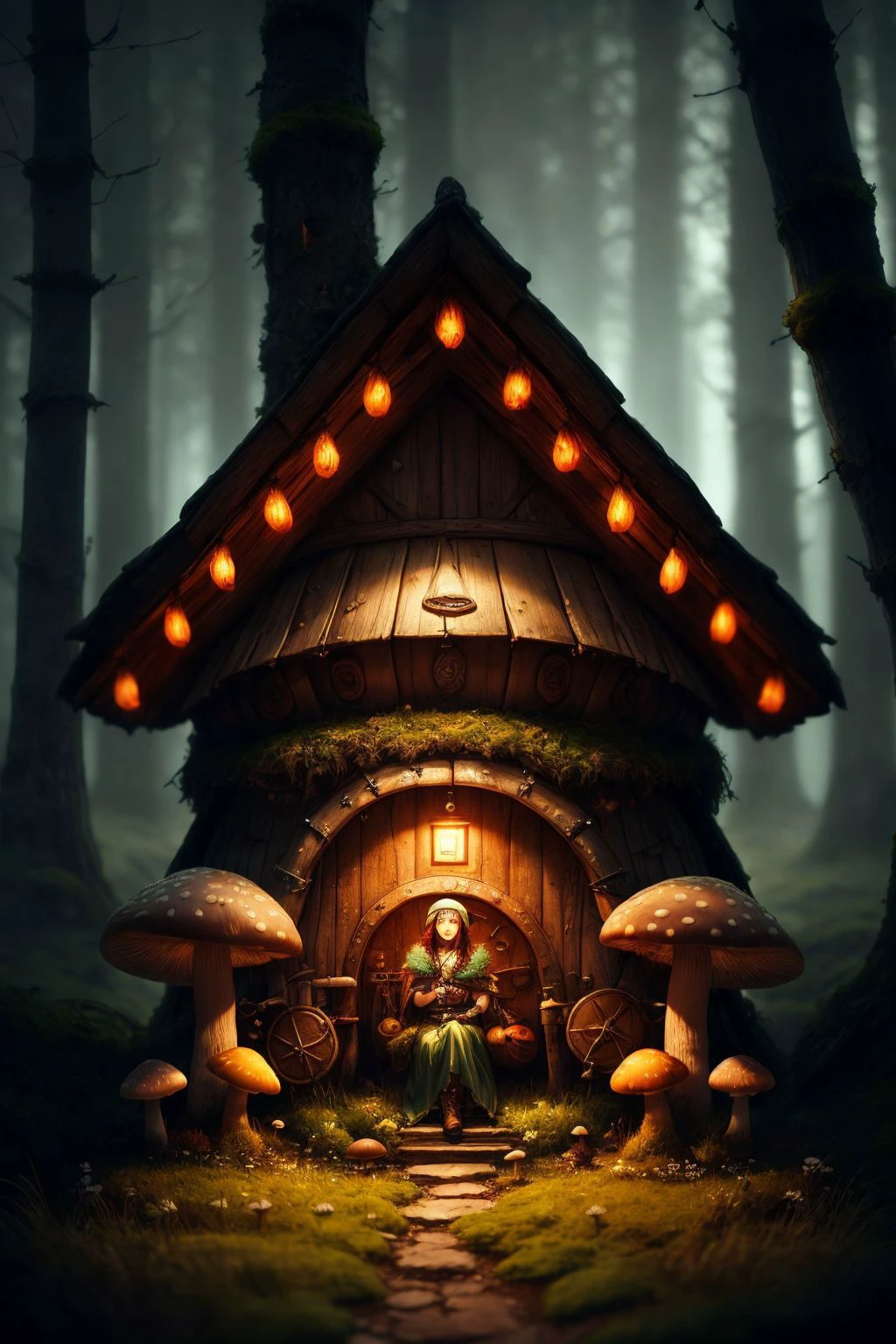 (masterpiece, best quality, high quality, highres, ultra-detailed), portrait, solo, (full body:0.6), looking down, detailed background, detailed face, (<lora:VikingPunkAI:0.4>, vikingpunkai, norse viking theme:1.1) mushroom druid, sitting, (style-swirlmagic:0.8), mushroom hat, mushroom themed Lemon glacier clothing, druidic, moss, magical glowing mushrooms, field of mushrooms, giant mushrooms, floating spores, mushroom hut in background, mysterious dark night, green magical lights, ethereal atmosphere, <lora:add_detail:0.6>, trending on artstation, style of Yoshitaka Amano