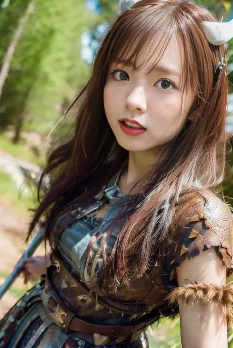 <lora:VikingPunkAI:0.5>, thin Hanaka:1.2, VikingPunkAI dress <lora:Hanaka:0.75>, fighting with knigh, motion blur, wide angle close up