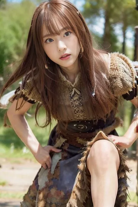 <lora:VikingPunkAI:0.5>, thin Hanaka, VikingPunkAI dress <lora:Hanaka:0.7>, fighting with knigh, motion blur, wide angle close up