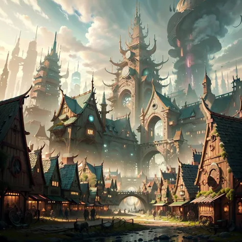 illustration, trending <lora:VikingPunkAI:.75>, VikingPunkAI, landscape with cities ,