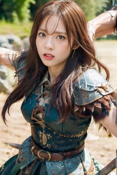<lora:VikingPunkAI:0.5>, thin Hanaka:1.2, VikingPunkAI dress <lora:Hanaka:0.75>, fighting with knigh, motion blur, wide angle close up
