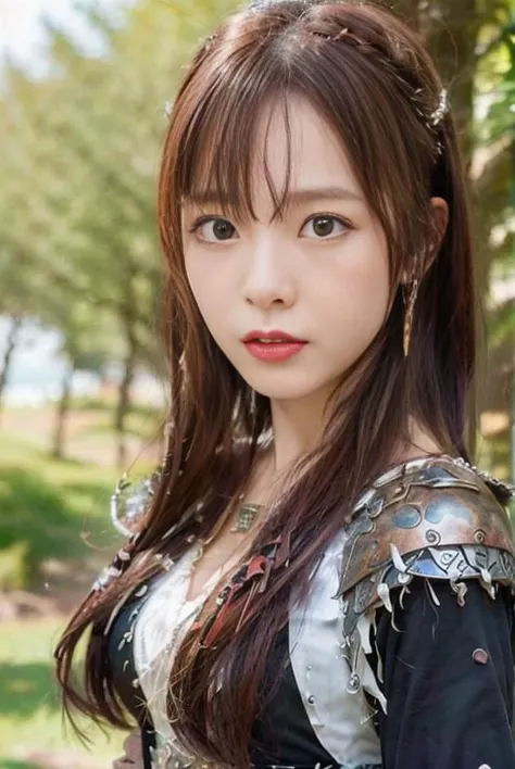 <lora:VikingPunkAI:0.5>, thin Hanaka:1.2, VikingPunkAI dress <lora:Hanaka:0.7>, fighting with knigh, motion blur, wide angle close up