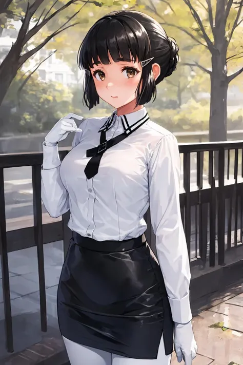 <lora:MyoukouKancolleV4-000027:1>, 1girl, solo,
myoukou \(kancolle\), hairclip,
long sleeves, collared shirt, white shirt, black necktie, white gloves, black skirt, miniskirt, pencil skirt, white pantyhose,
outdoors,