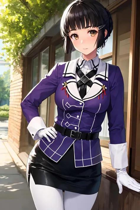 <lora:MyoukouKancolleV4-000027:1>, 1girl, solo,
myoukou \(kancolle\), hairclip,
military uniform, purple jacket, collared shirt, white shirt, black necktie, white gloves, black belt, black skirt, miniskirt, pencil skirt, white pantyhose,
outdoors,
