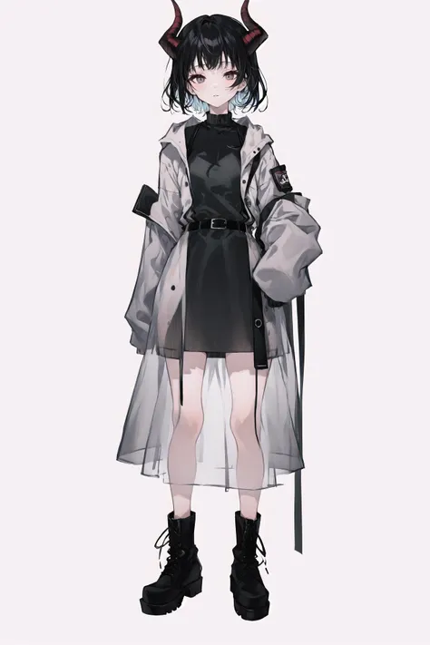 1girl, solo, sleeves past fingers, white background, short hair, horns, simple background, belt, coat, white coat, black dress, breasts, black eyes, full body, sleeves past wrists, boots, dress, multicolored clothes, looking at viewer, see-through, closed mouth, black hair, jacket, standing, black footwear ,
///////////   <lora:arutera-000212:1>