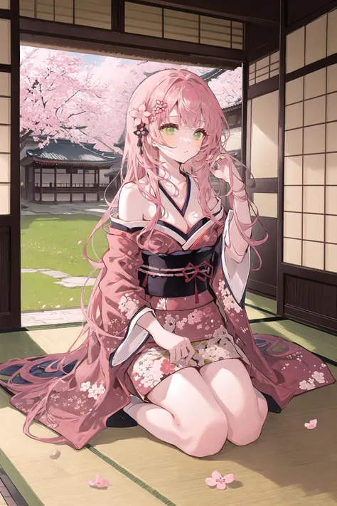 1girl, breasts, japanese clothes, kimono, solo, hair ornament, green eyes, petals, flower, hair flower, official alternate costume, pink hair, cleavage, sitting, cherry blossoms, long hair, bare shoulders, medium breasts, seiza, gun, architecture, ribbon, wide sleeves, closed mouth, off shoulder, collarbone, east asian architecture, sliding doors, looking away, bangs, sash, on floor  ,
///////////   <lora:arutera-000212:1>