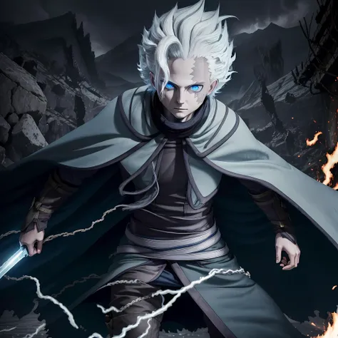 dark atmosphere, belafsage, burn scar, white hair, blue eyes, black long cloak, wide angle, (action shot), motion, glowing eyes, <lora:boy:1>
