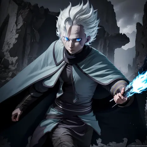 dark atmosphere, belafsage, burn scar, white hair, blue eyes, black long cloak, wide angle, (action shot), motion, glowing eyes, <lora:boy:1>