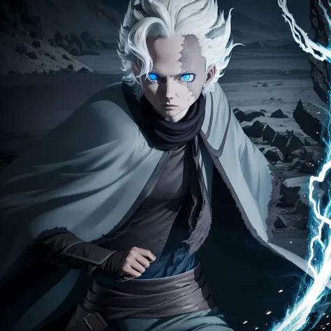 dark atmosphere, belafsage, burn scar, white hair, blue eyes, black long cloak, solo, wide angle, (action shot), motion, glowing eyes, <lora:boy:1>