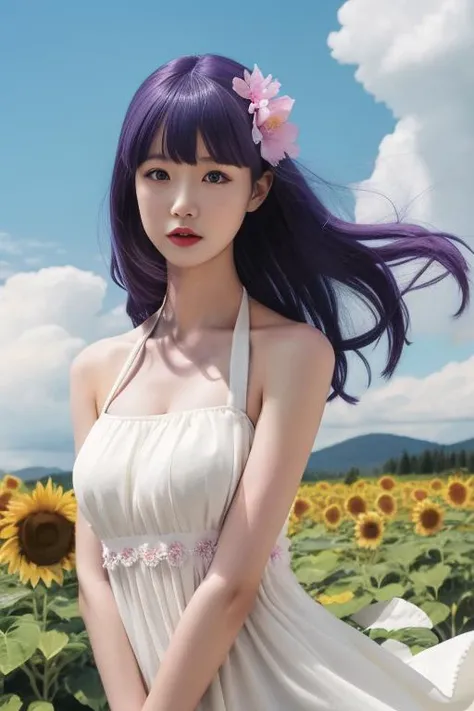 ultra-detailed,highly detailed,best quality,masterpiece,illustration,
matou sakura, 1girl, solo,cosplay, smile,
white dress, halter dress, sundress,bare shoulders,barefoot, bare legs,
purple hair,  long hair,hair ornament, hair flower, bangs,
outdoors, flower, grass, field, day,
looking at viewer,sitting, own hands together,
<lora:matou sakura_xhq_v1_03:1.0>