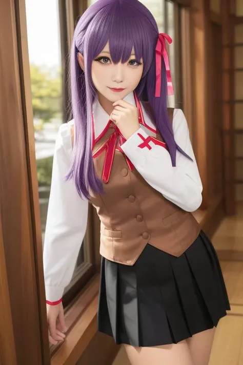 ultra-detailed,highly detailed,best quality,masterpiece,illustration,
matou sakura, 1girl, solo,cosplay,
homurahara academy school uniform, school uniform,neck ribbon, pleated skirt,vest, long sleeves, hair ribbon,collared shirt,
purple eyes, purple hair,long hair,
<lora:matou sakura_uni_v1_03:0.7>