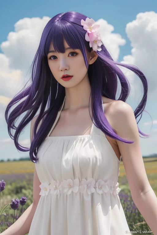 beautiful japanese girl 17 years old (whole body:1.5) (Shiny purple hair:1.5) Super Long Straight Silk Hair asymmetrical bangs profile big magic eyes high resolution black eyes shiny soft skin pale pink lip bright makeup thin eyebrows clear eyes sharp eye shine Black A-line dress off shoulder mini skirt Detailed and perfect clavicle high resolution soft breasts Morning steppe lying on the grass sunlight clear focus professional lighting professional photographer