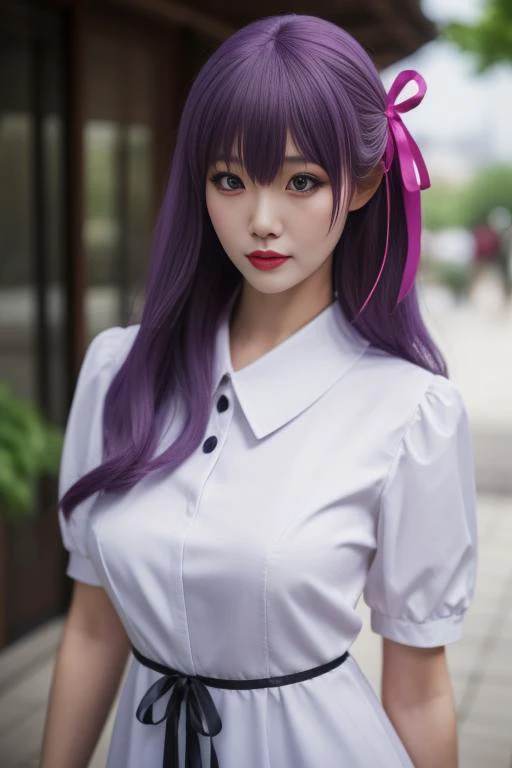 ultra-detailed,highly detailed,best quality,masterpiece,illustration,realistic, real,photo,photorealistic,
matou sakura, 1girl, solo,cosplay,
hair ribbon, long dress, collared dress,puffy short sleeves, ribbon, official alternate costume,
purple hair, purple eyes, bangs, long hair, hair between eyes,
photo background, blurry,looking at viewer, blurry background, depth of field,east asian architecture, courtyard,
<lora:matou sakura_bq_v1_01:0.7>