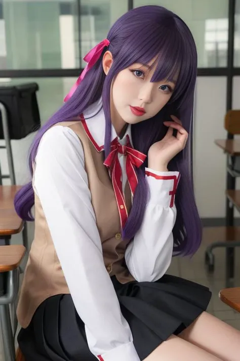 ultra-detailed,highly detailed,best quality,masterpiece,illustration,
matou sakura, 1girl, solo,cosplay,
homurahara academy school uniform, school uniform,neck ribbon, pleated skirt,vest, long sleeves, hair ribbon,collared shirt,
purple eyes, purple hair,long hair,
<lora:matou sakura_uni_v1_03:0.7>