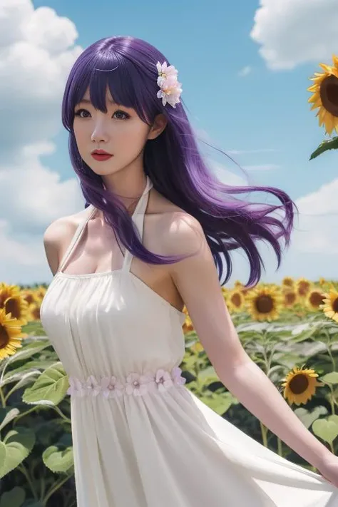 ultra-detailed,highly detailed,best quality,masterpiece,illustration,
matou sakura, 1girl, solo,cosplay,
white dress, halter dress, sundress,bare shoulders,
purple hair, long hair,hair ornament, hair flower, bangs,
outdoors, flower, grass, field, day,
looking at viewer,wind,cloud,sky, floating hair, floating clothes,sunflower,upper body,
<lora:matou sakura_xhq_v1_07:0.5>