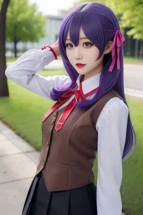 ultra-detailed,highly detailed,best quality,masterpiece,illustration,
matou sakura, 1girl, solo,cosplay,
homurahara academy school uniform, school uniform,neck ribbon, pleated skirt,vest, long sleeves, hair ribbon,collared shirt,
purple eyes, purple hair,long hair,
<lora:matou sakura_uni_v1_03:0.7>