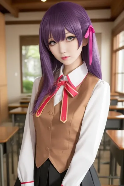 ultra-detailed,highly detailed,best quality,masterpiece,illustration,
matou sakura, 1girl, solo,cosplay,
homurahara academy school uniform, school uniform,neck ribbon, pleated skirt,vest, long sleeves, hair ribbon,collared shirt, 
purple eyes, purple hair,long hair, 
<lora:matou sakura_uni_v1_03:0.7>