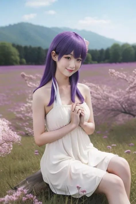 ultra-detailed,highly detailed,best quality,masterpiece,illustration,
matou sakura, 1girl, solo,cosplay, smile,
white dress, halter dress, sundress,bare shoulders,barefoot, bare legs,
purple hair,  long hair,hair ornament, hair flower, bangs,
outdoors, flower, grass, field, day,
looking at viewer,sitting, own hands together,
<lora:matou sakura_xhq_v1_07:0.7>