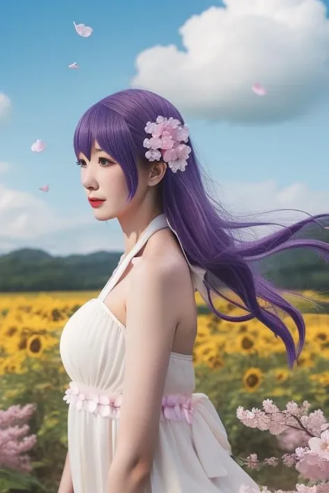 ultra-detailed,highly detailed,best quality,masterpiece,illustration,
matou sakura, 1girl, solo,cosplay,
white dress, halter dress, sundress,bare shoulders,
purple hair, long hair,hair ornament, hair flower, bangs,
outdoors, flower, grass, field, day,
looking at viewer,wind,cloud,sky, floating hair, floating clothes, cherry blossoms,falling petals, upper body,
<lora:matou sakura_xhq_v1_03:1.0>