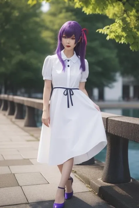 ultra-detailed,highly detailed,best quality,masterpiece,illustration,realistic, real,photo,photorealistic,
matou sakura, 1girl, solo,cosplay,
hair ribbon, long dress, collared dress,puffy short sleeves, ribbon, high heels,official alternate costume,
purple hair, purple eyes, bangs, long hair, hair between eyes,
photo background, blurry, outdoors,looking at viewer, blurry background,  depth of field,
<lora:matou sakura_bq_v1_01:0.7>