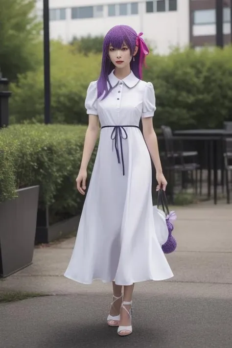 ultra-detailed,highly detailed,best quality,masterpiece,illustration,realistic, real,photo,photorealistic,
matou sakura, 1girl, solo,cosplay,
hair ribbon, long dress, collared dress,puffy short sleeves, ribbon, high heels,official alternate costume,
purple hair, purple eyes, bangs, long hair, hair between eyes,
photo background, blurry, outdoors,looking at viewer, blurry background, depth of field,
<lora:matou sakura_bq_v1_01:0.7>