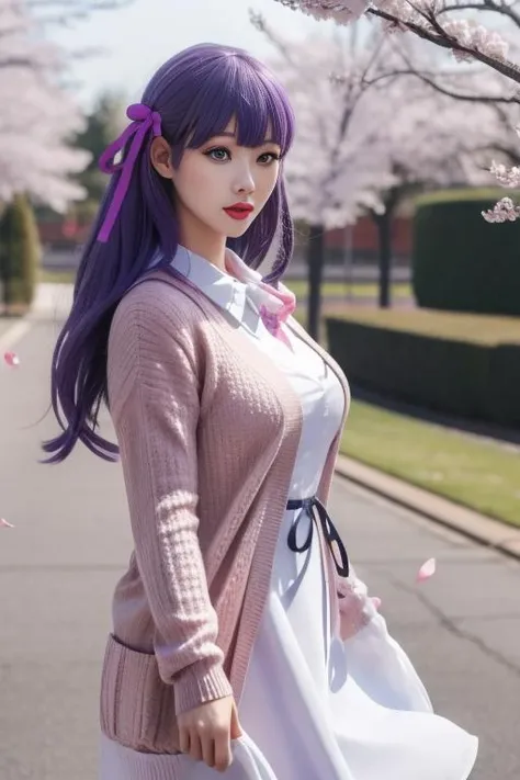 ultra-detailed,highly detailed,best quality,masterpiece,illustration,
matou sakura, 1girl, solo,
purple hair, purple eyes, long hair, hair ribbon,hair behind ear,
dress, ribbon, official alternate costume, cardigan, casual, long sleeves, collared dress,
photo background, standing, outdoors,wind,floating hair,falling petals, looking at viewer,
<lora:matou sakura_zzs_v1_04:0.7>