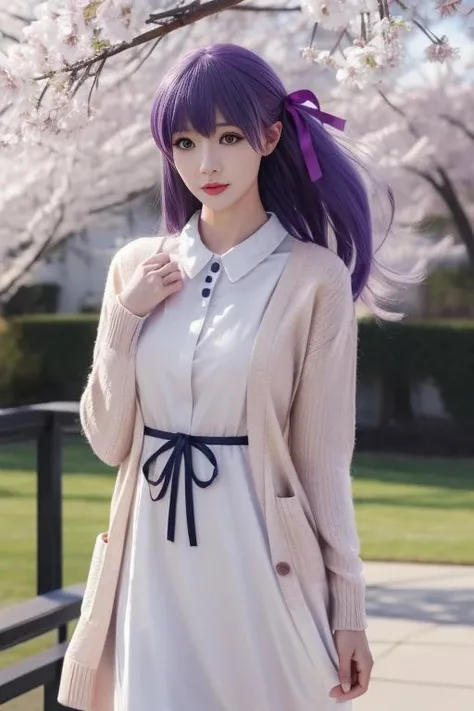 ultra-detailed,highly detailed,best quality,masterpiece,illustration,
matou sakura, 1girl, solo,
purple hair, purple eyes, long hair, hair ribbon,hair behind ear,
dress, ribbon, official alternate costume, cardigan, casual, long sleeves, collared dress,
photo background, standing, outdoors,wind,floating hair,falling petals, looking at viewer,
<lora:matou sakura_zzs_v1_04:0.7>