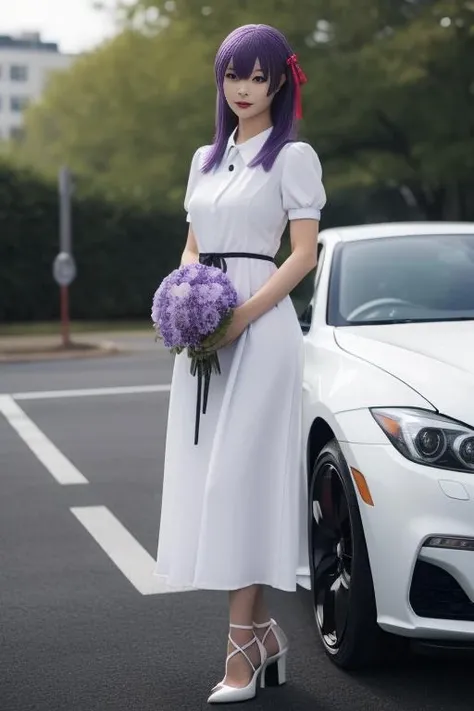 ultra-detailed,highly detailed,best quality,masterpiece,illustration,realistic, real,photo,photorealistic,
matou sakura, 1girl, solo,cosplay,
hair ribbon, long dress, collared dress,puffy short sleeves, ribbon, high heels,official alternate costume,
purple hair, purple eyes, motor vehicle, bangs, long hair, hair between eyes,
car, flower,ground vehicle, sports car,photo background, bouquet, holding flower, full body, standing, blurry, outdoors,
looking at viewer, holding bouquet, blurry background, depth of field,
<lora:matou sakura_bq_v1_01:0.7>