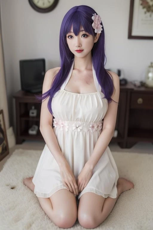 Saori Kido, purple hair, Long hair, white wavy dress, plunging neckline, medium breasts, Parthenon.