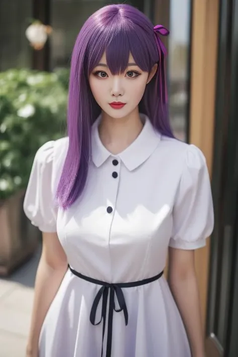 ultra-detailed,highly detailed,best quality,masterpiece,illustration,realistic, real,photo,photorealistic,
matou sakura, 1girl, solo,cosplay,
hair ribbon, long dress, collared dress,puffy short sleeves, ribbon, official alternate costume,
purple hair, purple eyes, bangs, long hair, hair between eyes,
photo background, blurry,looking at viewer, blurry background, depth of field,east asian architecture, courtyard,
<lora:matou sakura_bq_v1_01:0.7>