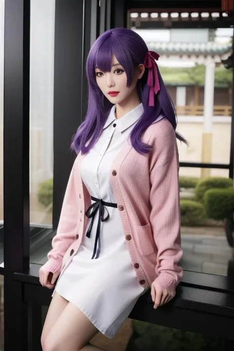 ultra-detailed,highly detailed,best quality,masterpiece,illustration,
matou sakura, 1girl, solo, 
purple hair, purple eyes, long hair, hair ribbon,hair behind ear, 
casual,white collared dress, ribbon,long sleeves,knit sweater,open cardigan, high heels, 
photo background, looking at viewer,standing,
indoors,east asian architecture,sitting, 
 <lora:matou sakura_zzs_v1_04:0.7>